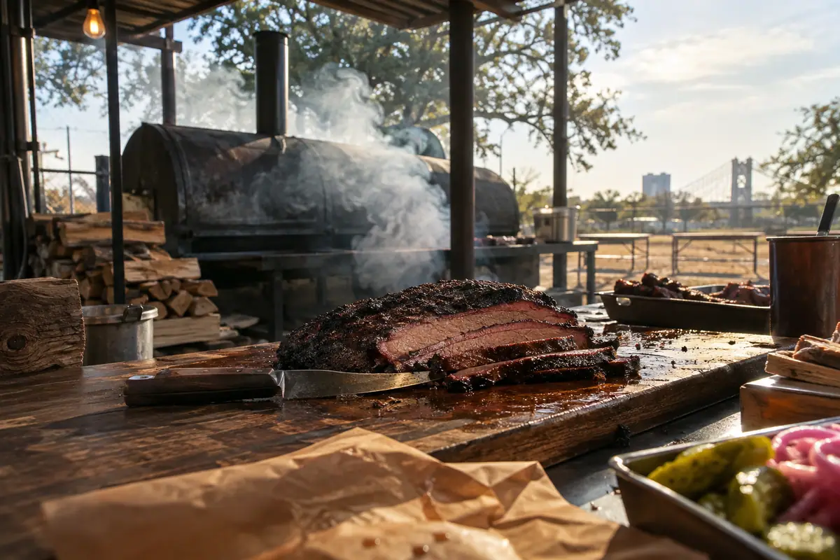 Photoreal travel-editorial view of Helberg Barbecue in Waco, Texas