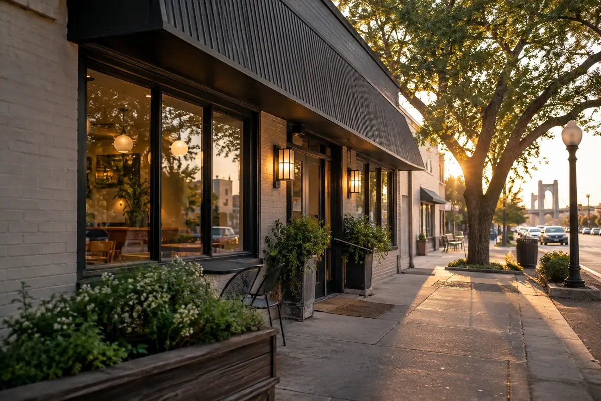 Photoreal travel-editorial view of Kitok Restaurant in Waco, Texas