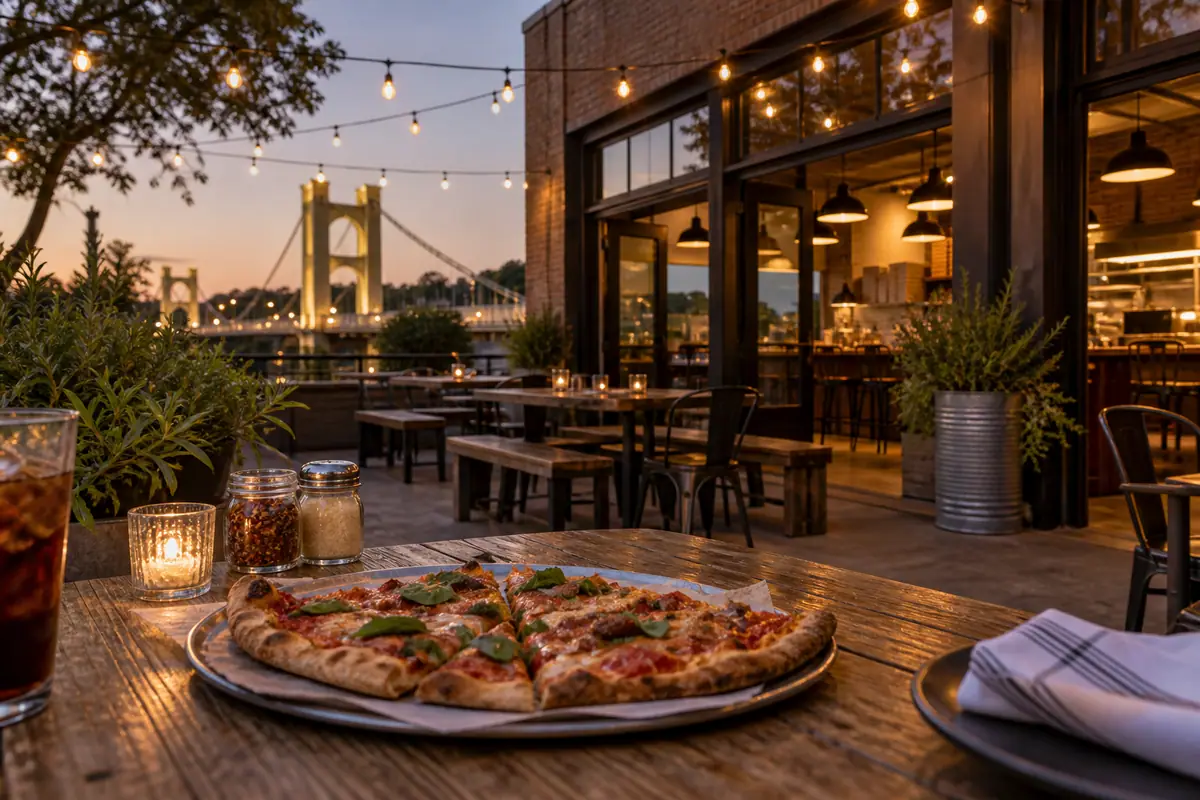 Photoreal travel-editorial view of Slow Rise Slice House in Waco, Texas