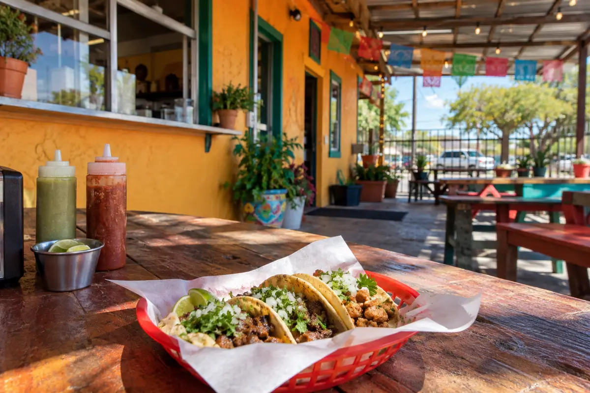 Photoreal travel-editorial view of Taqueria El Crucero in Waco, Texas