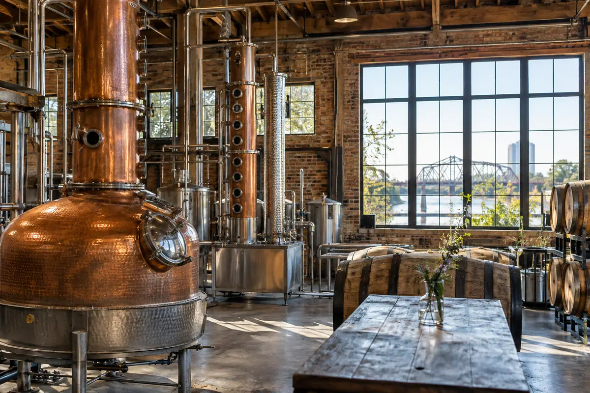 Photoreal travel-editorial view of Balcones Distilling in Waco, Texas
