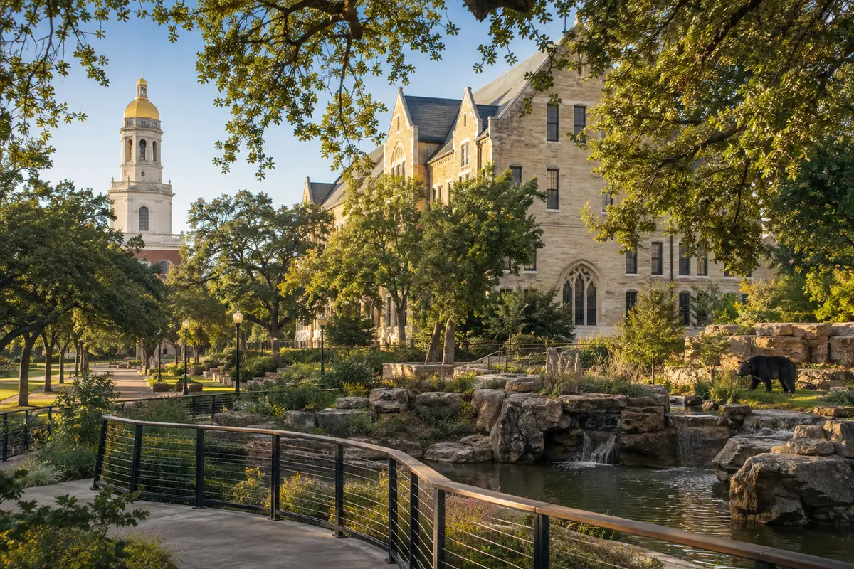 Photoreal travel-editorial view of Baylor University and Bear Trail in Waco, Texas