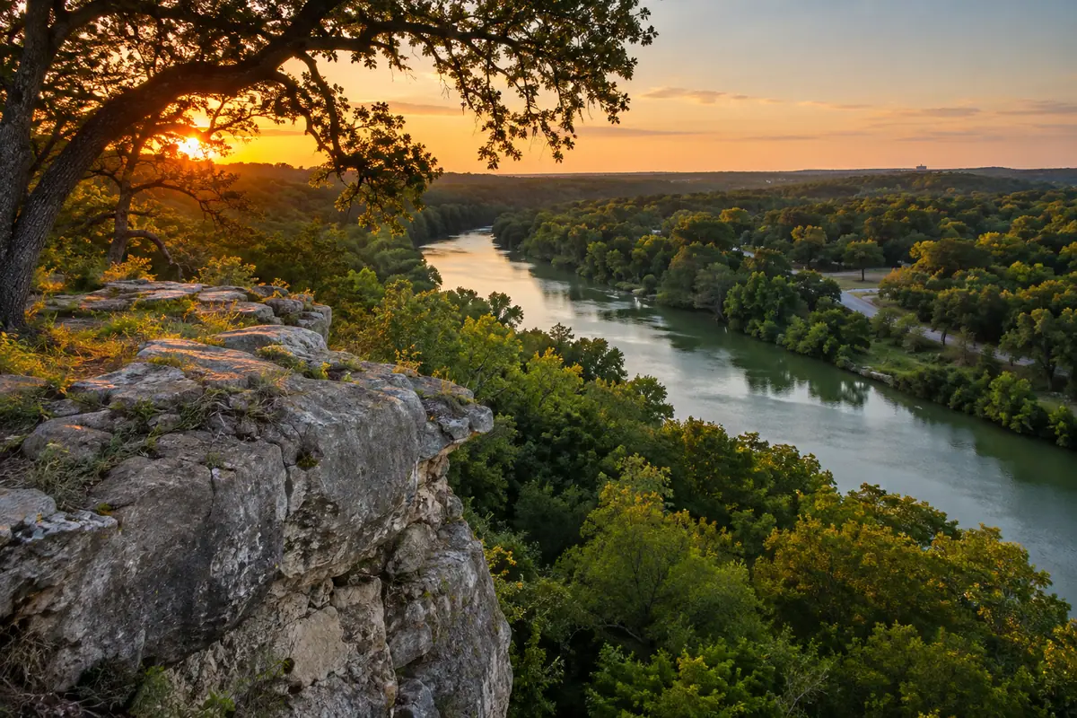 Photoreal travel-editorial view of Cameron Park in Waco, Texas