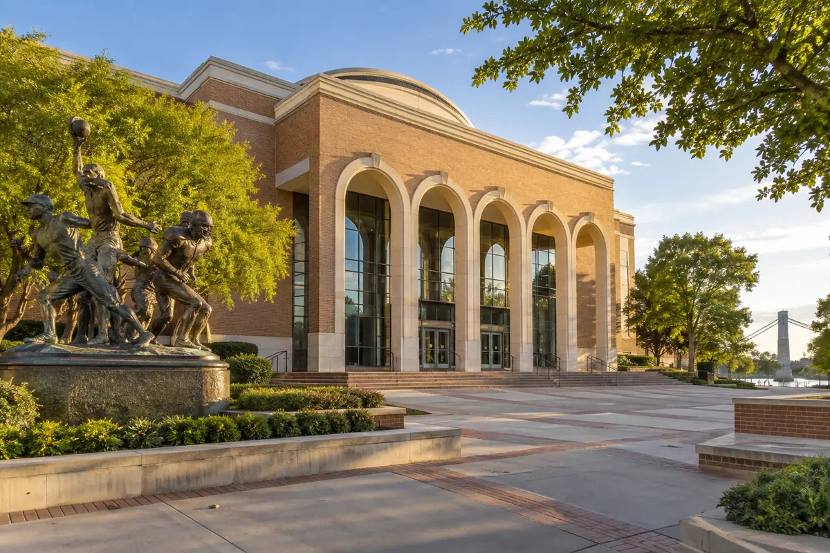 Photoreal travel-editorial view of Texas Sports Hall of Fame in Waco, Texas