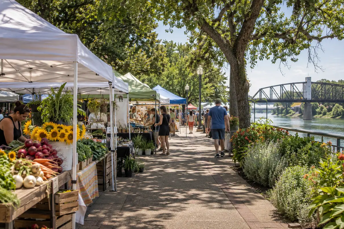 Photoreal travel-editorial view of Waco Downtown Farmers Market in Waco, Texas