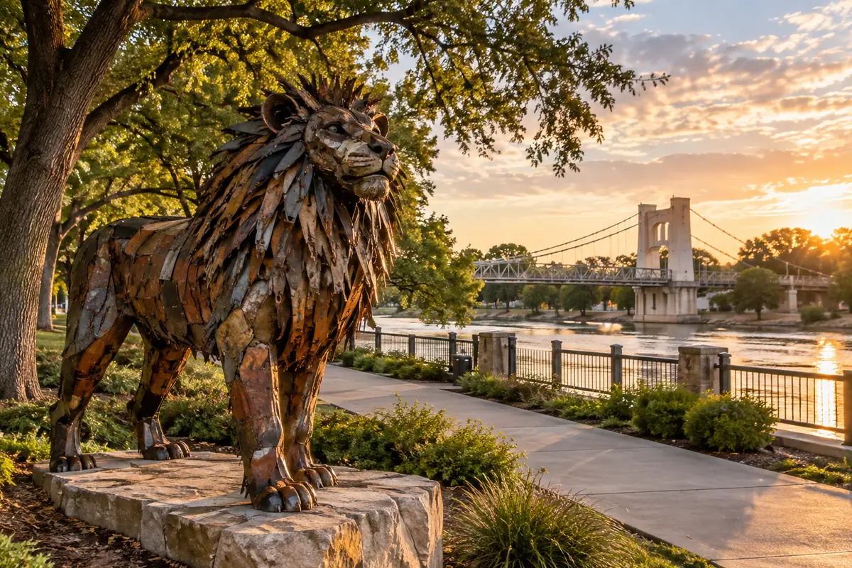 Photoreal travel-editorial view of Waco Sculpture Zoo in Waco, Texas
