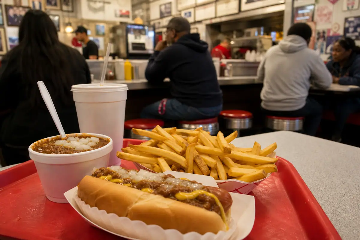 Photoreal dining scene representing Ben's Chili Bowl in Washington, DC