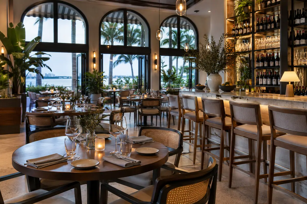 Photoreal travel-editorial view of City Cellar Wine Bar & Grill in West Palm Beach, Florida