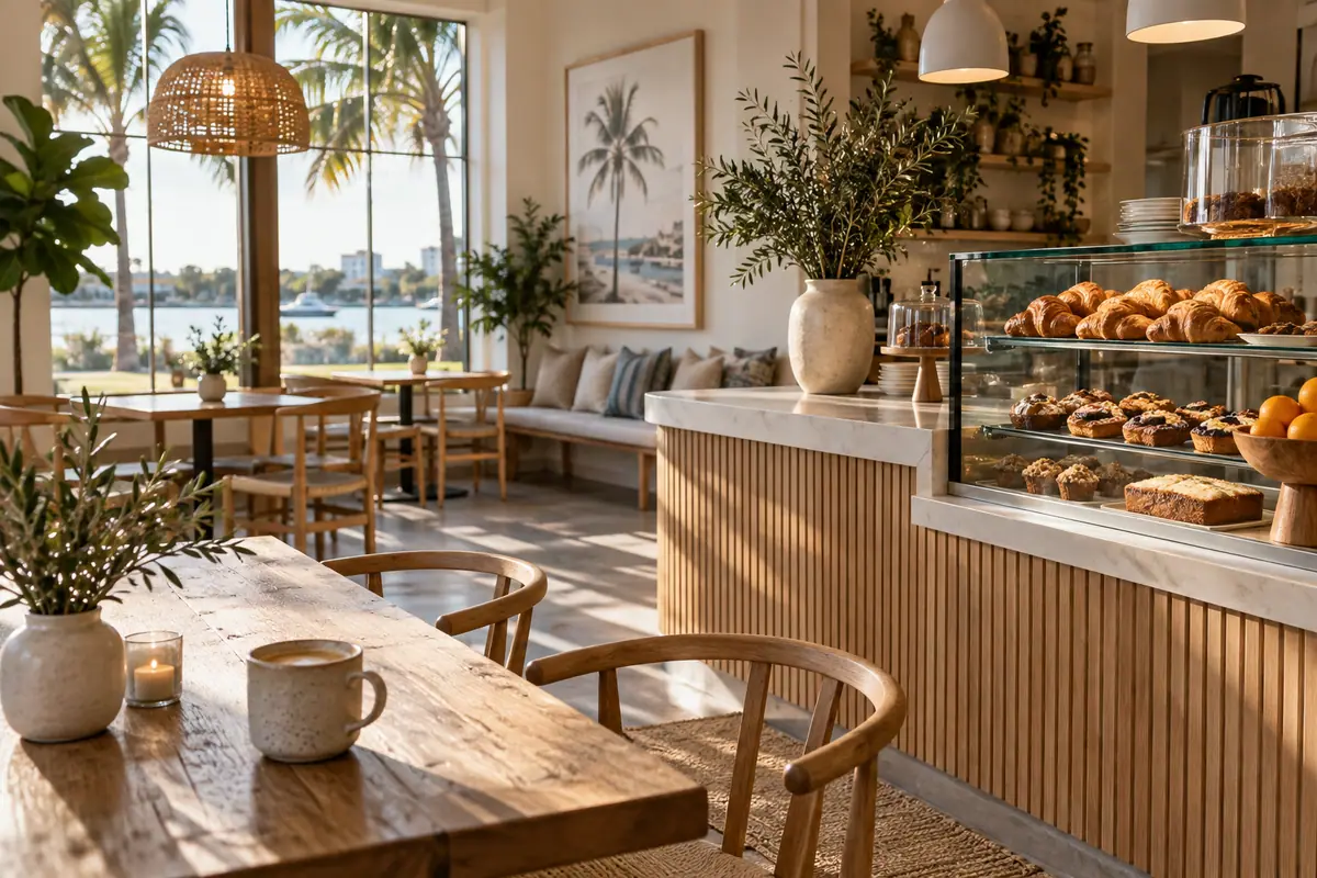 Photoreal travel-editorial view of Johan's Joe Swedish Restaurant in West Palm Beach, Florida