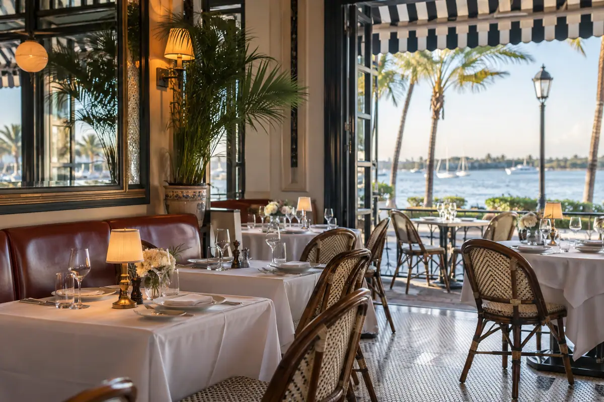 Photoreal travel-editorial view of Pistache French Bistro in West Palm Beach, Florida