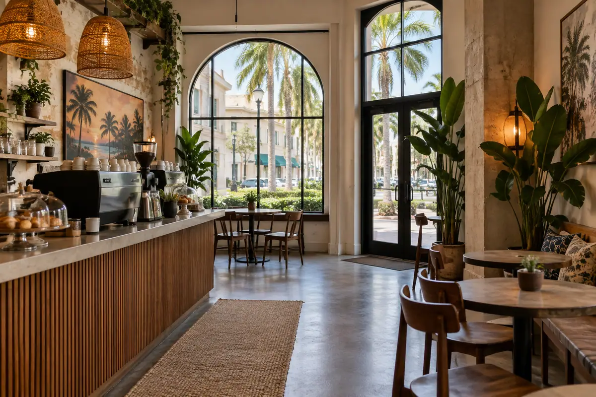 Photoreal travel-editorial view of Subculture Coffee in West Palm Beach, Florida