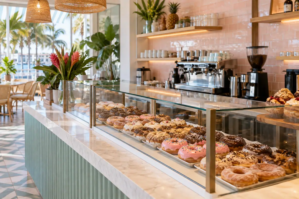 Photoreal travel-editorial view of The Salty Donut in West Palm Beach, Florida