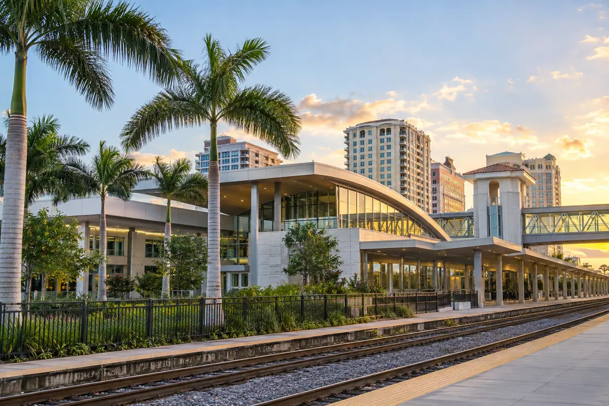 Photoreal travel-editorial view of Brightline West Palm Beach Station in West Palm Beach, Florida