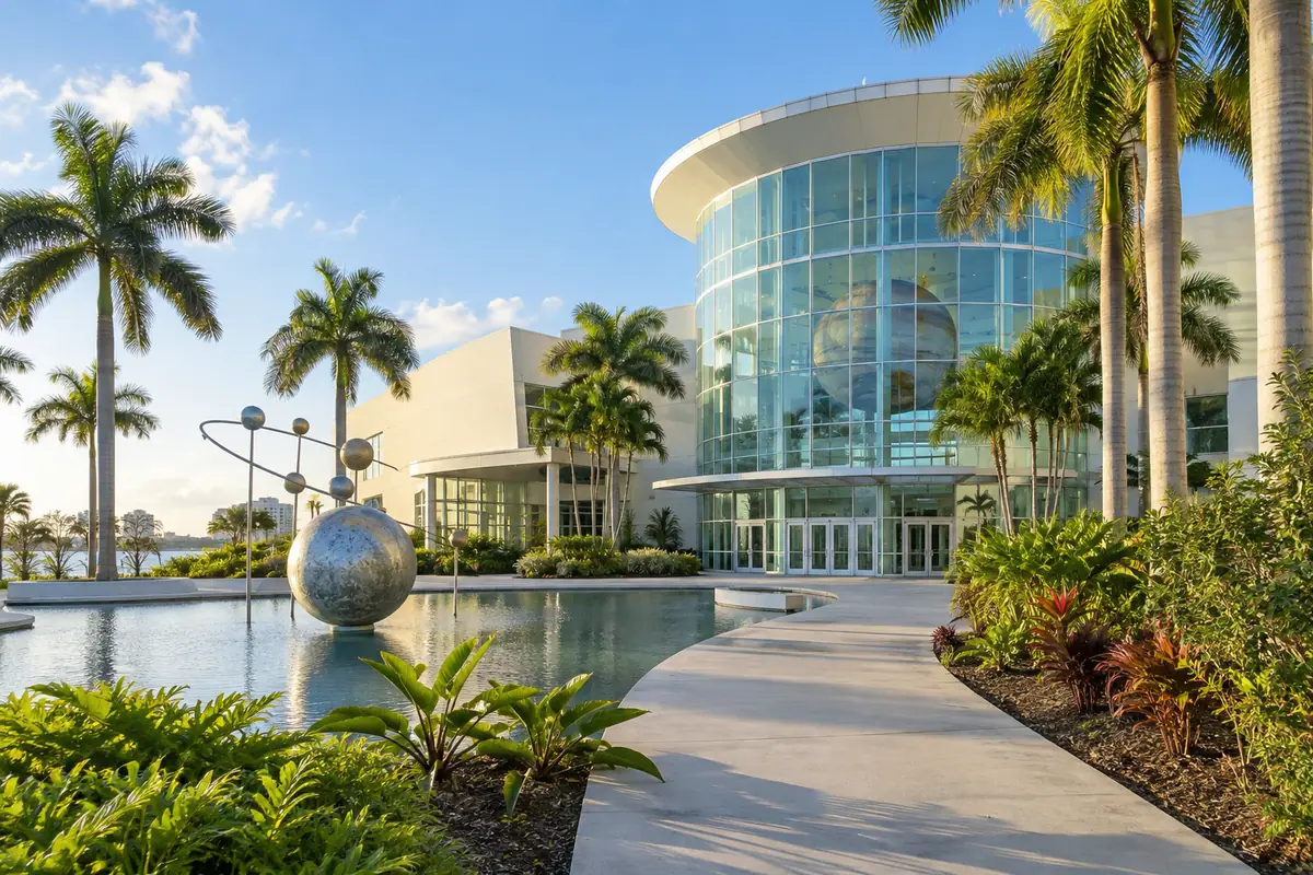 Photoreal travel-editorial view of Cox Science Center and Aquarium in West Palm Beach, Florida