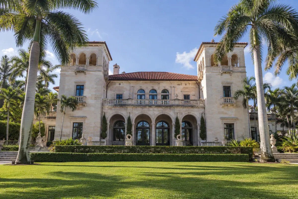 Photoreal travel-editorial view of Flagler Museum in West Palm Beach, Florida