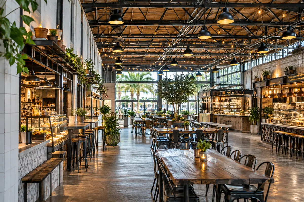 Photoreal travel-editorial view of Grandview Public Market in West Palm Beach, Florida
