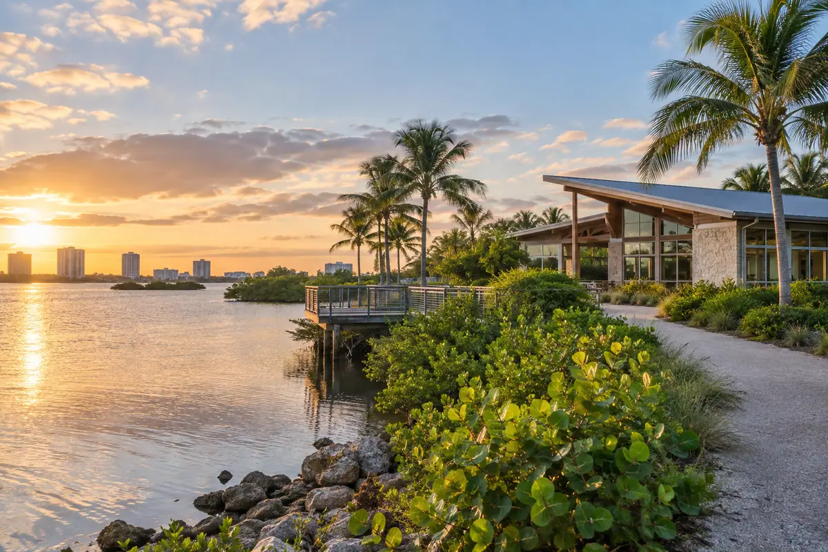 Photoreal travel-editorial view of Manatee Lagoon in West Palm Beach, Florida