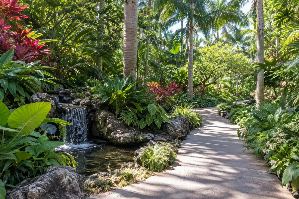 Photoreal travel-editorial view of Mounts Botanical Garden in West Palm Beach, Florida