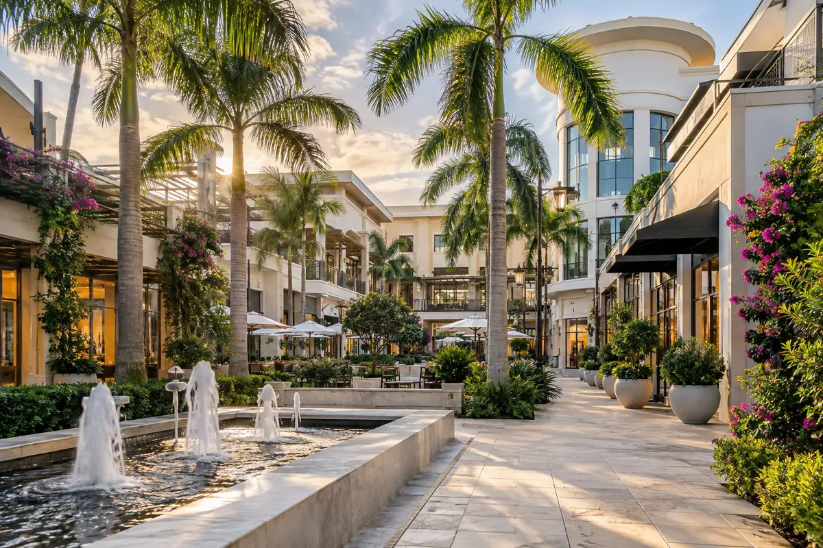 Photoreal travel-editorial view of The Square in West Palm Beach, Florida
