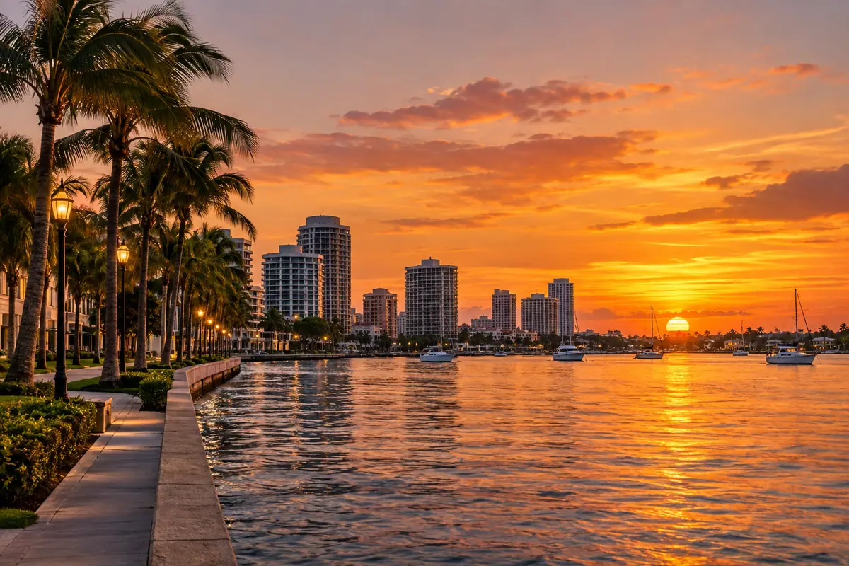 Photoreal travel-editorial view of West Palm Beach Waterfront in West Palm Beach, Florida