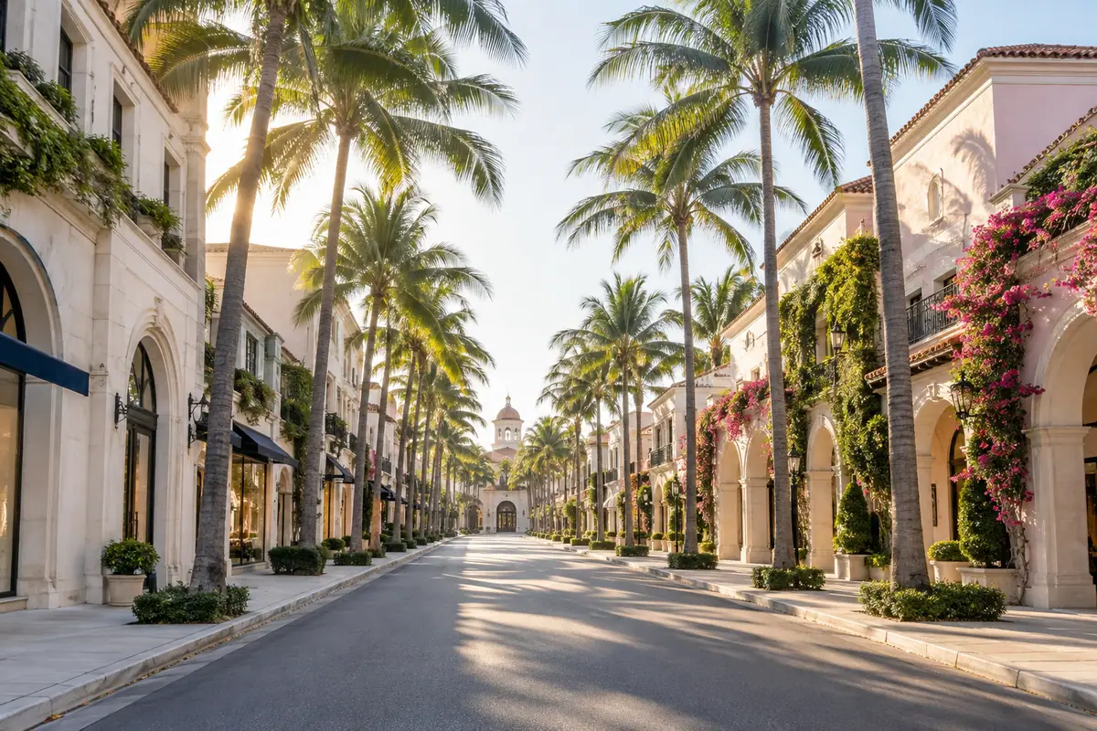 Photoreal travel-editorial view of Worth Avenue in West Palm Beach, Florida