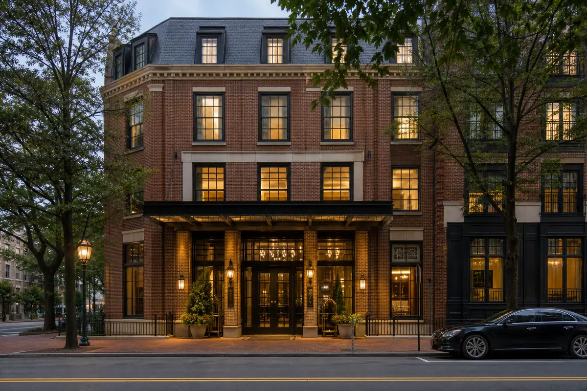 Photoreal comfortable hotel exterior representing Griffin Hotel in Williamsburg