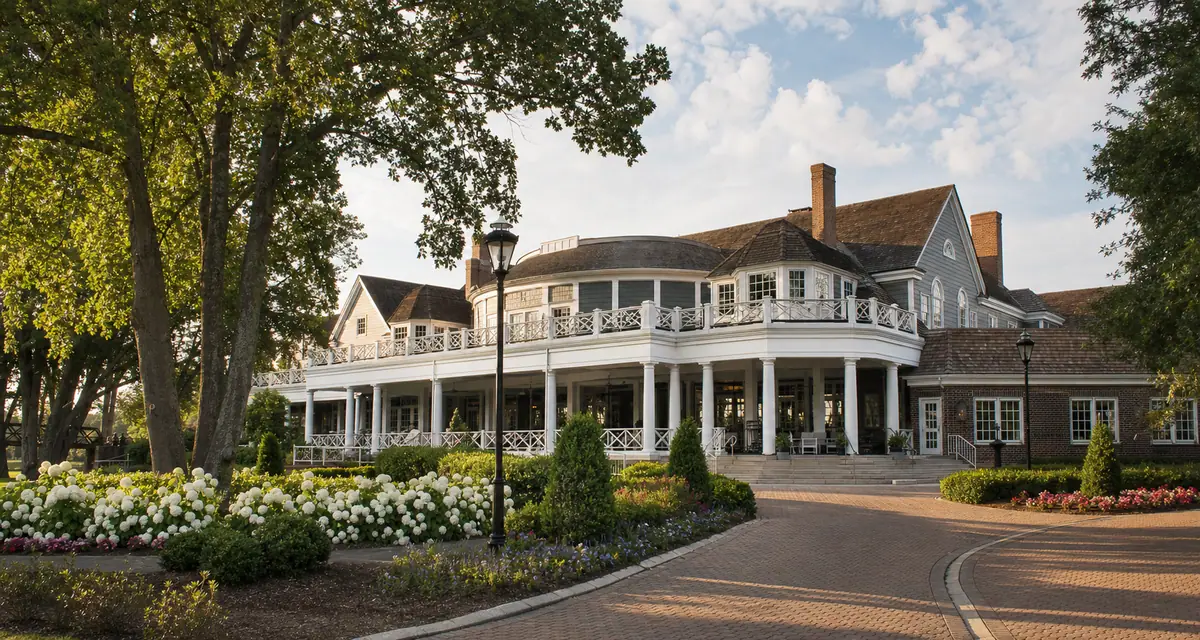 Photoreal resort exterior representing Kingsmill Resort in Williamsburg