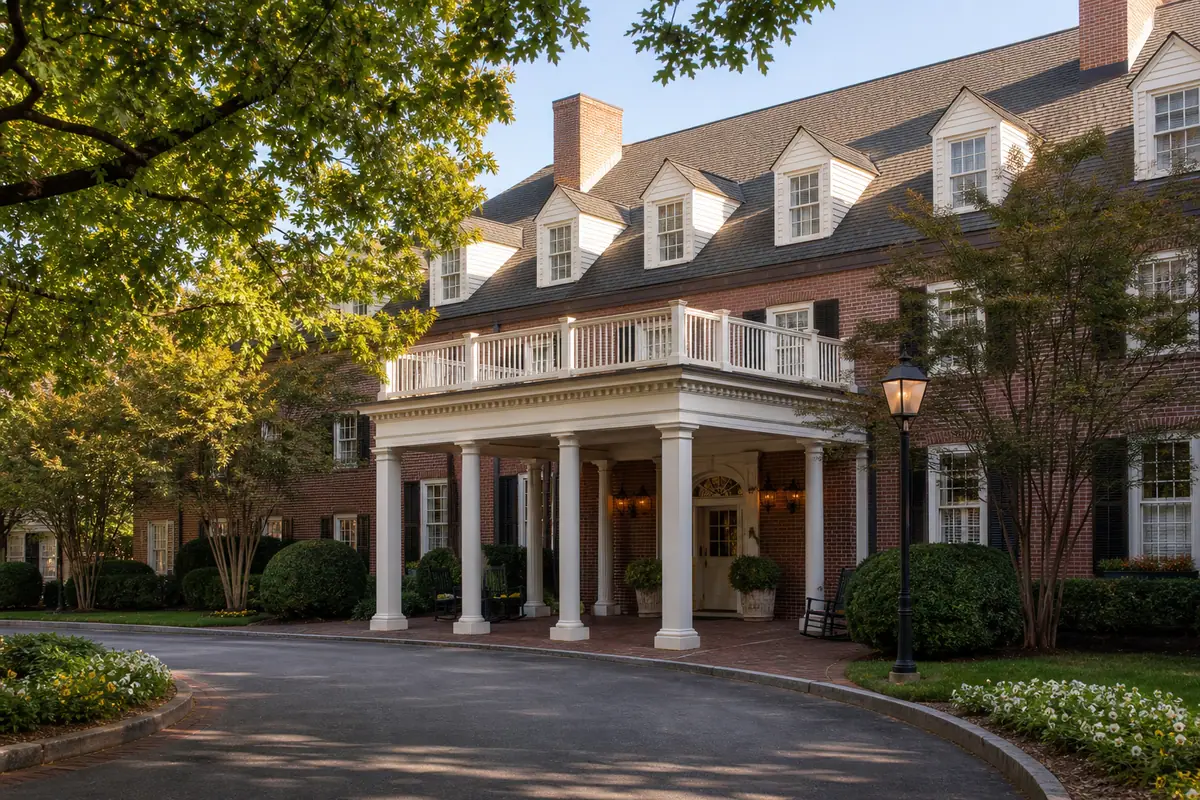 Photoreal elegant historic inn exterior representing Williamsburg Inn