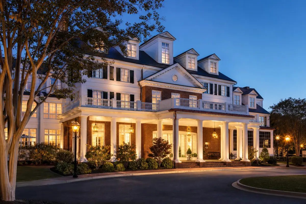 Photoreal historic lodge exterior representing Williamsburg Lodge, Autograph Collection