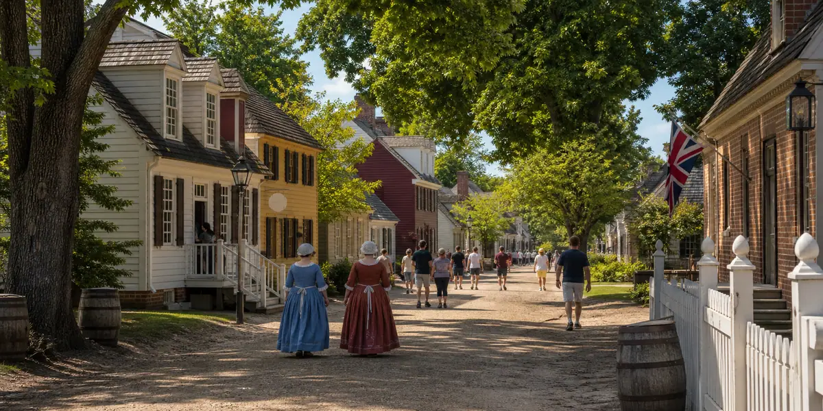 Photoreal Duke of Gloucester Street-style historic streetscape in Colonial Williamsburg