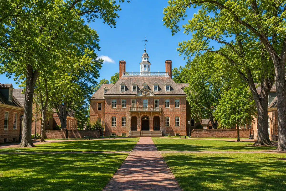 Photoreal William and Mary historic campus lawn and landmark brick building in Williamsburg daylight
