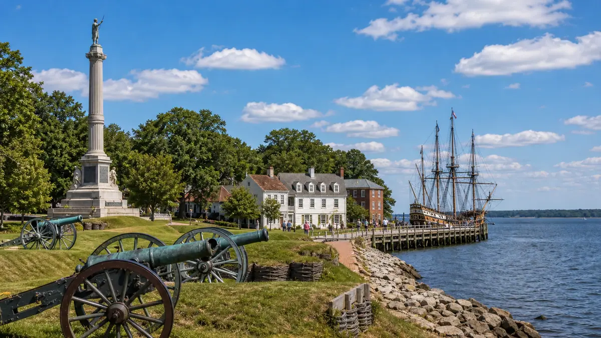 Photoreal Yorktown waterfront and historic battlefield atmosphere in bright daylight